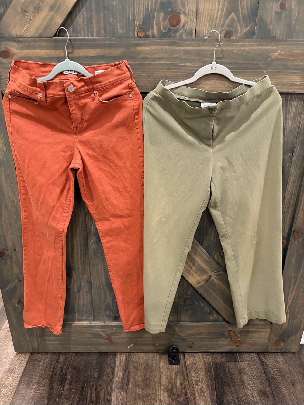 Women’s Orange jeans and Olive dress pants